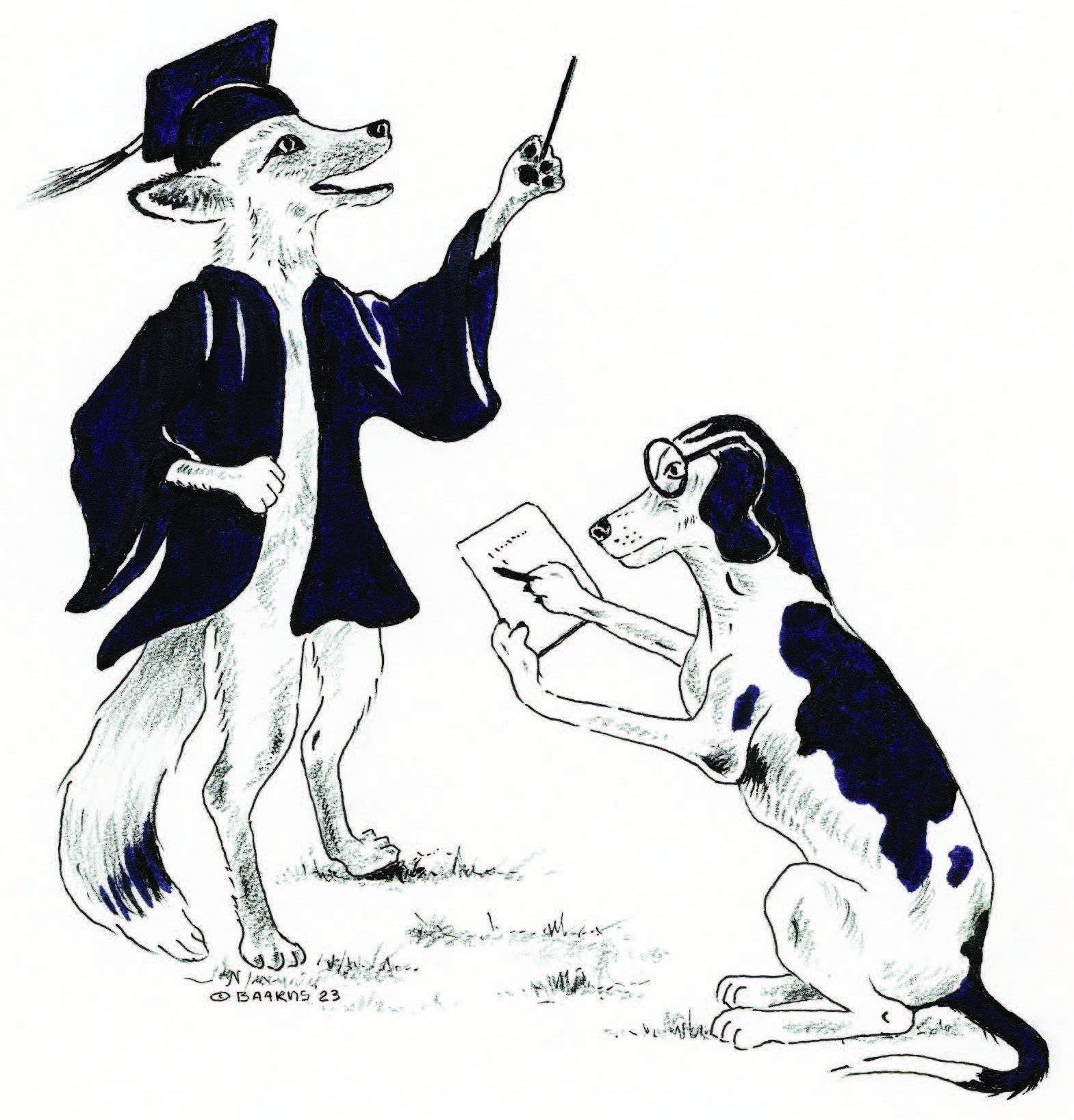 illustration of fox in professor outfit teaching hound who is taking notes