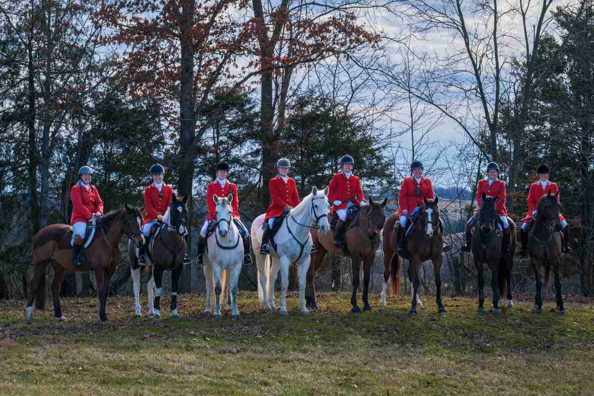 Row of mounted huntsmen in red coats