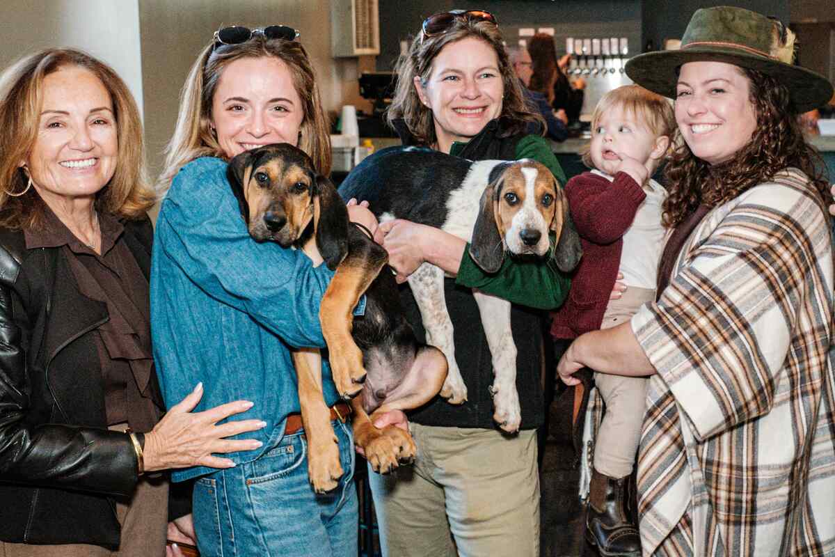 Four smiling women, holding two dogs and a child